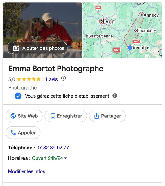 Fiche Google Business Emma Bortot Photographe, 5 étoiles et 11 avis